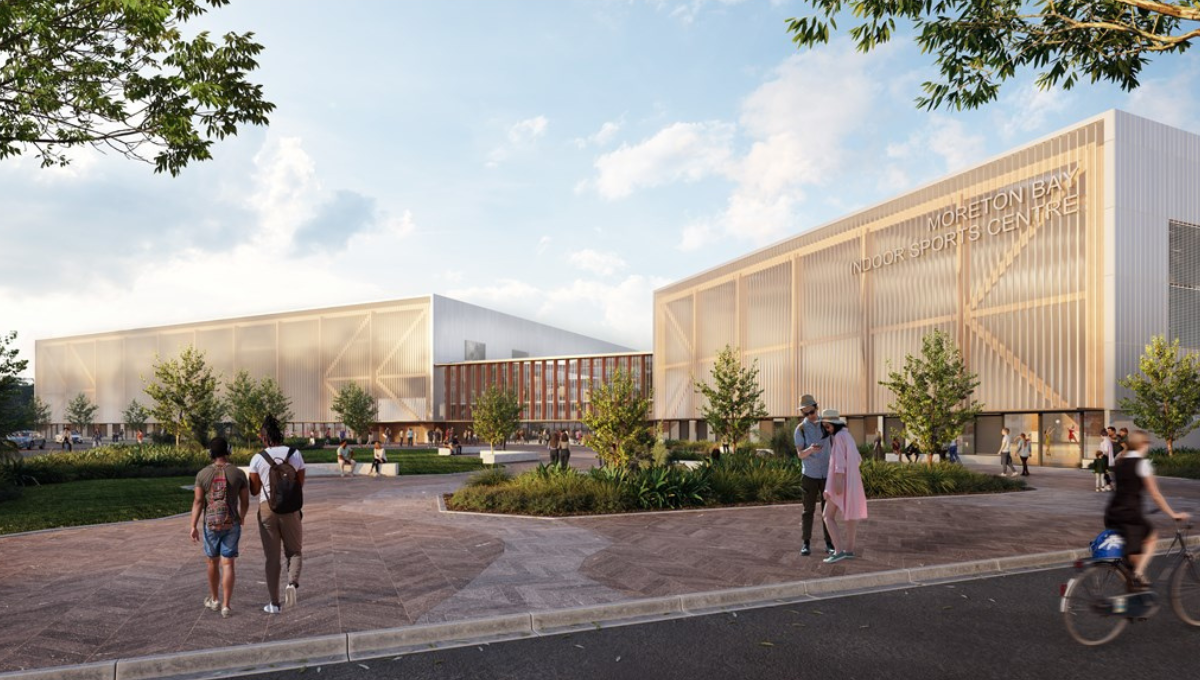 Rendered facade of the Moreton Bay Indoor Sports Centre